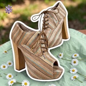 NWOT ALDO Chunky Platform Wood Block Heel Lace Up Booties | Tan Striped | W 7.5